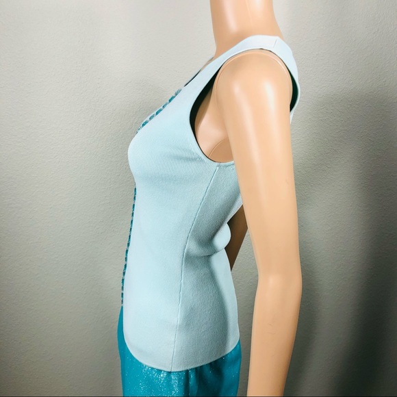 Light blue sleeveless knit top with aqua blue and clear crystals - Picture 4 of 11